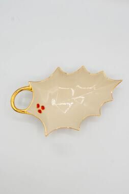 LENOX Christmas Holly Leaf Candy Dish Handle 24K Gold Trim Holiday Decor New